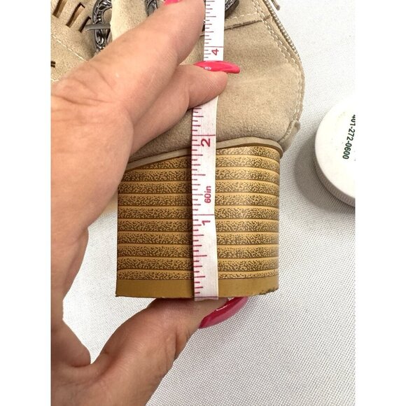 Boho Coastal Block Heel Sandals 42 10 Laser Cut Geo Ankle Cuff Neutral Western - Picture 11 of 15